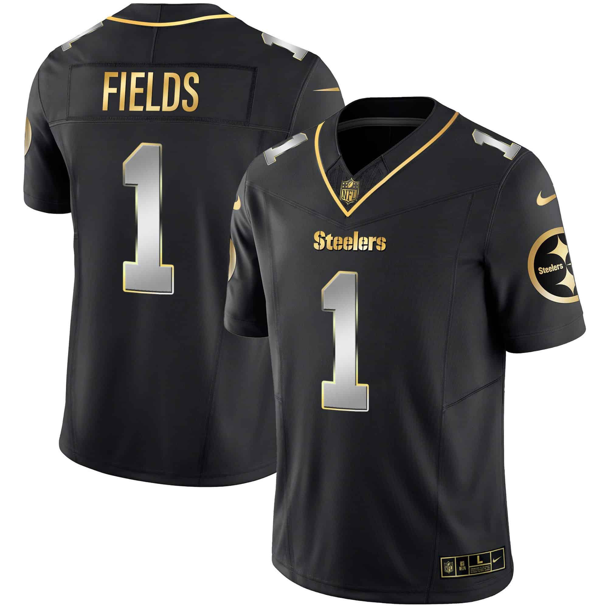 Men Pittsburgh Steelers #1 Fields Black Gold 2024 Nike Vapor Limited NFL Jersey style 1